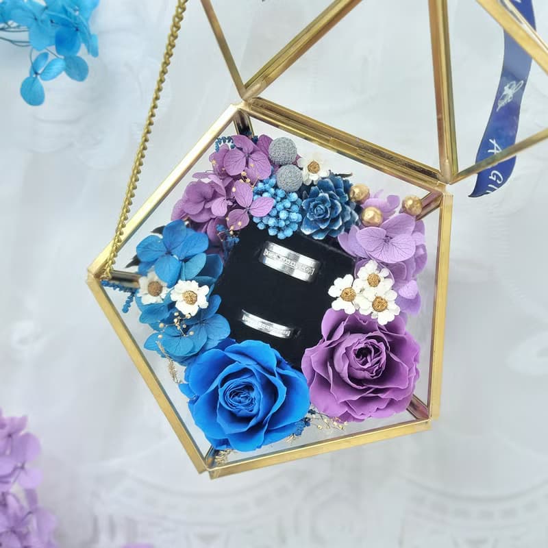 永生玫瑰花玻璃珠寶戒指盒-藍紫色五角星 情人節禮物