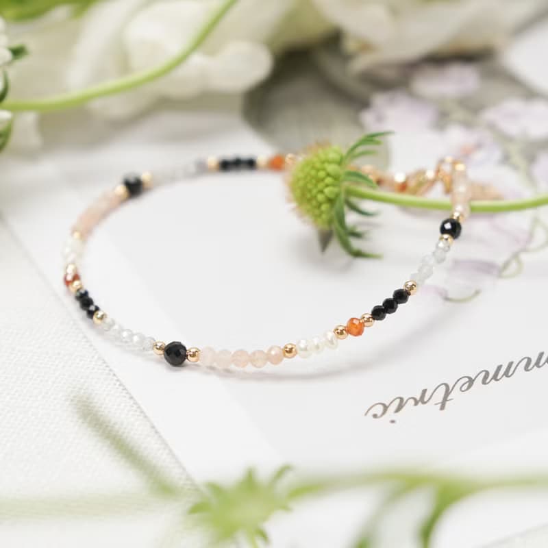 事業 x 黑瑪瑙 太陽石 尖晶石 珍珠【接骨木莓 • 默默守護】手鍊