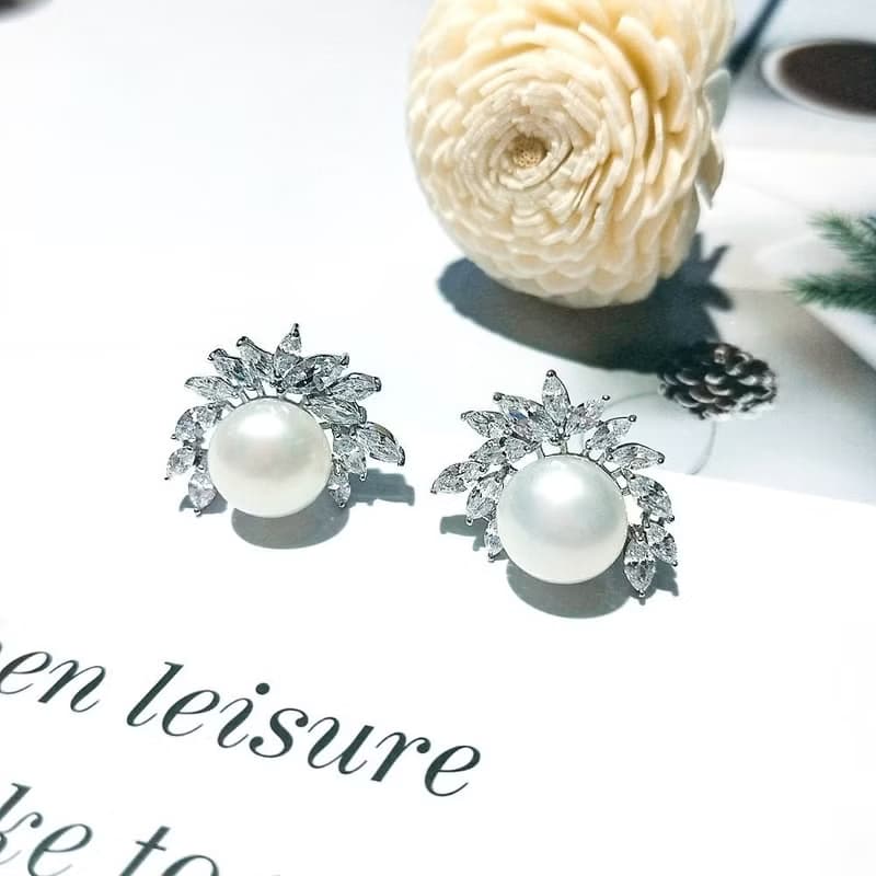 I JEWELRY 奢華璀璨頂級鋯石大珍珠純銀耳環 附純銀保證卡 現貨