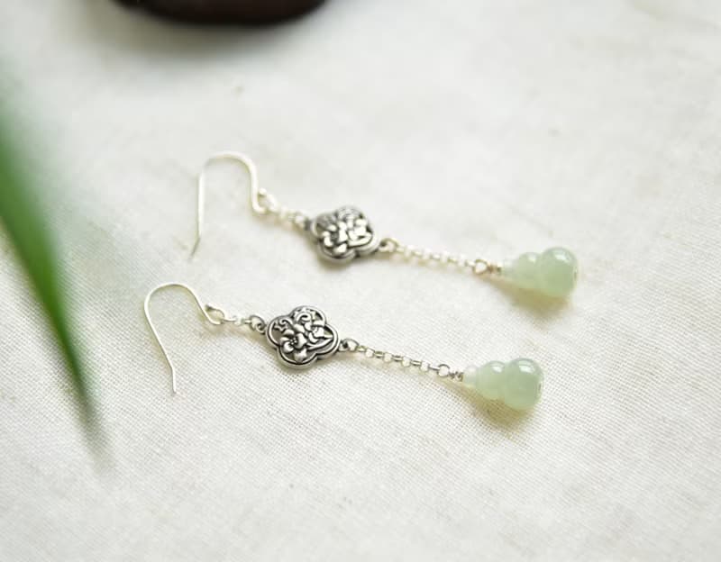 【醉】天然和田玉青海料晴水葫蘆925純銀長款耳墜