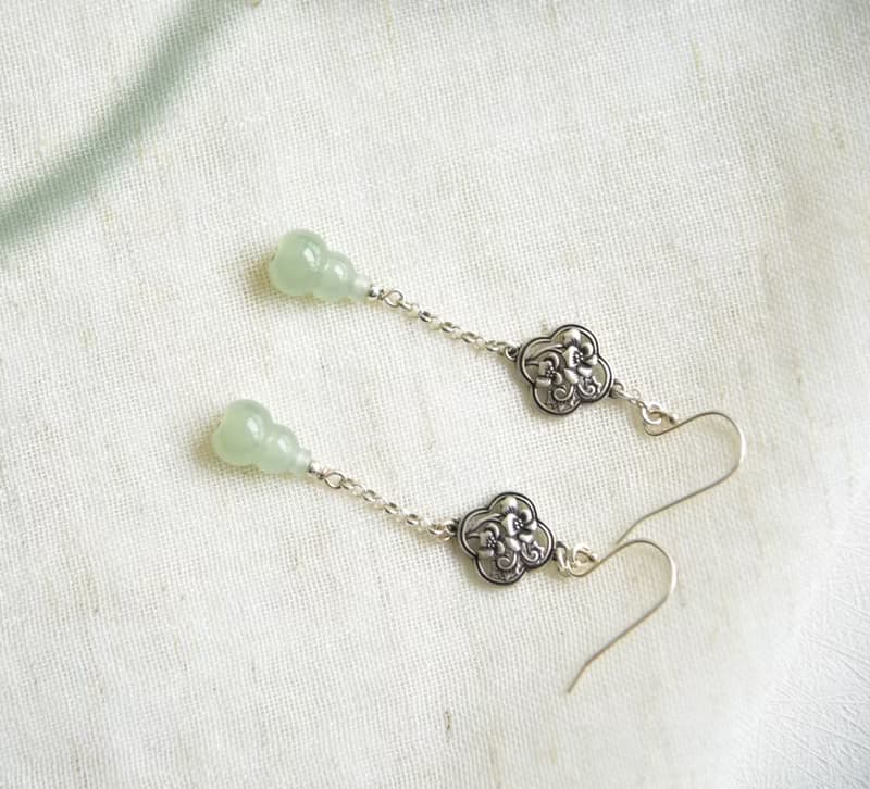 【醉】天然和田玉青海料晴水葫蘆925純銀長款耳墜