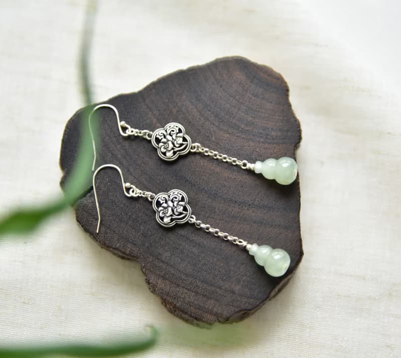 【醉】天然和田玉青海料晴水葫蘆925純銀長款耳墜