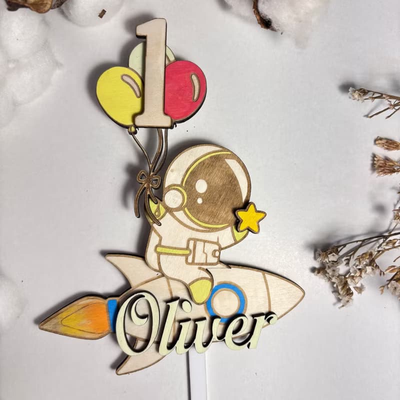 Astronaut Wood Custom Cake Topper - Hand Painted Birthday Keepsake - Custom Name