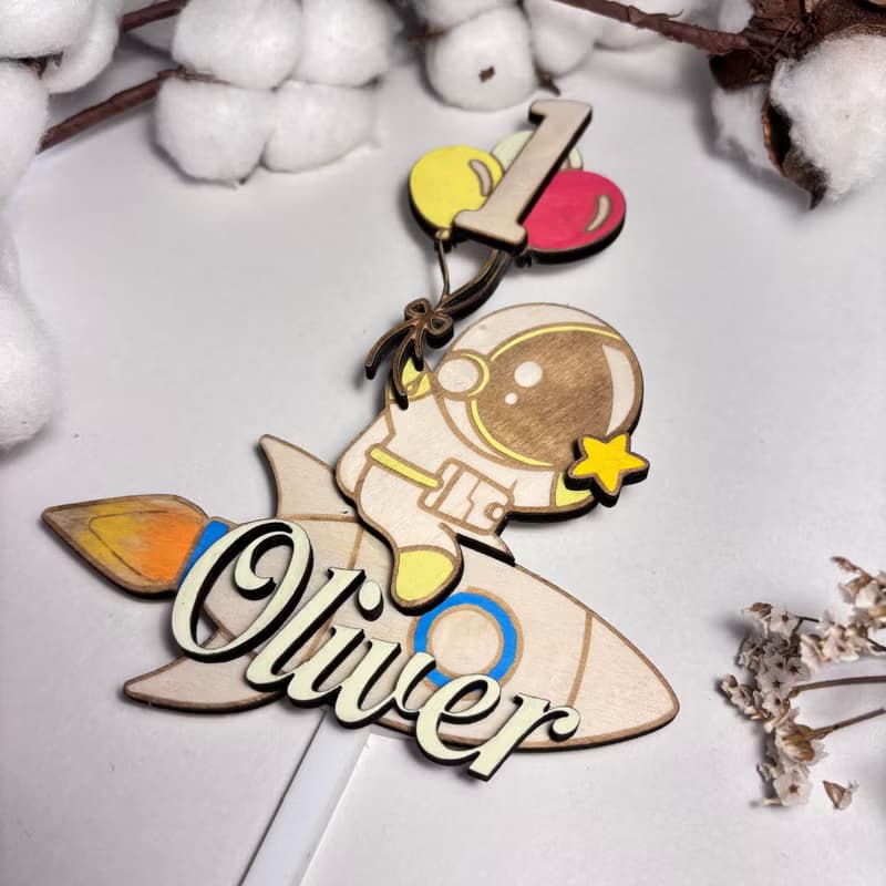 Astronaut Wood Custom Cake Topper - Hand Painted Birthday Keepsake - Custom Name