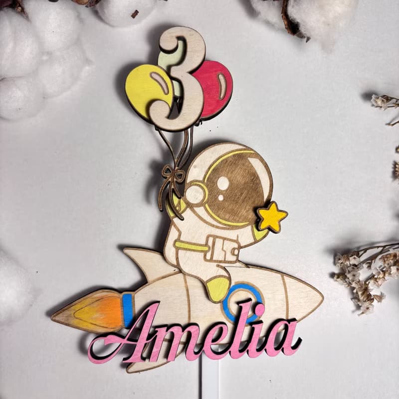 Astronaut Wood Custom Cake Topper - Hand Painted Birthday Keepsake - Custom Name