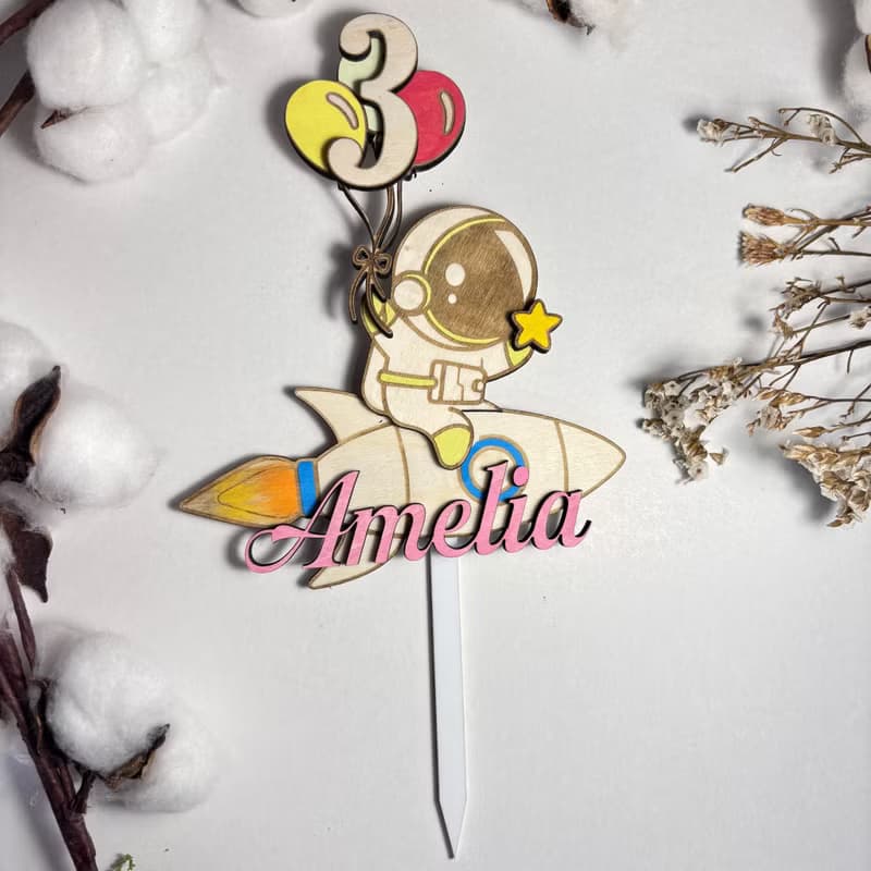 Astronaut Wood Custom Cake Topper - Hand Painted Birthday Keepsake - Custom Name