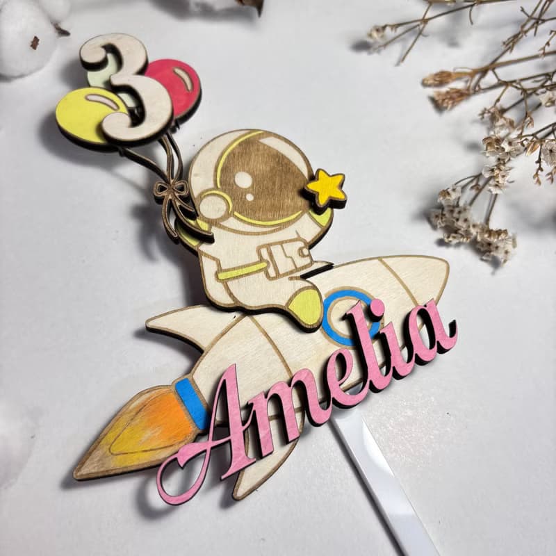 Astronaut Wood Custom Cake Topper - Hand Painted Birthday Keepsake - Custom Name
