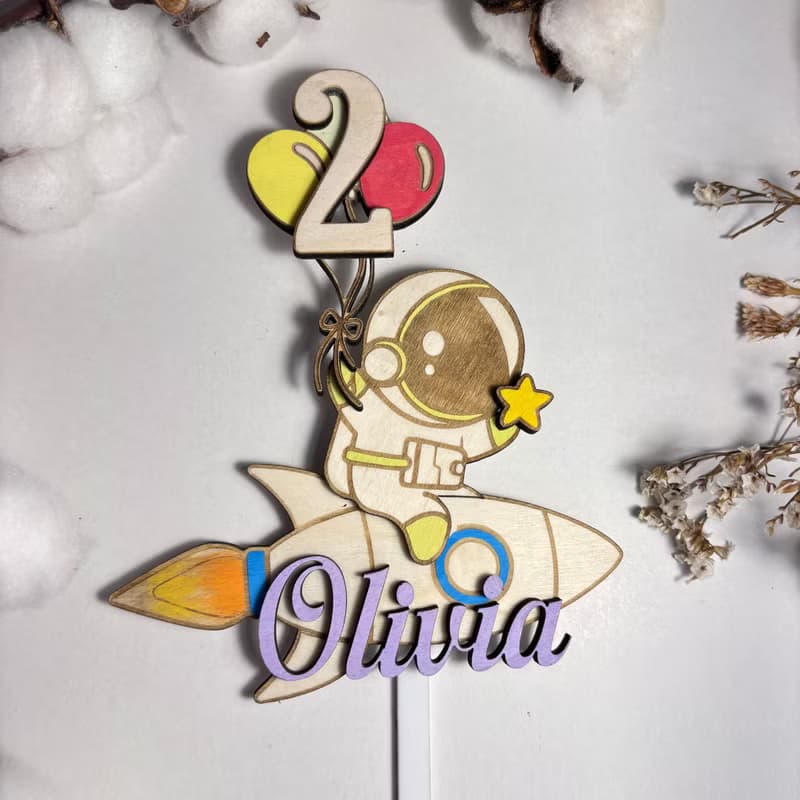 Astronaut Wood Custom Cake Topper - Hand Painted Birthday Keepsake - Custom Name