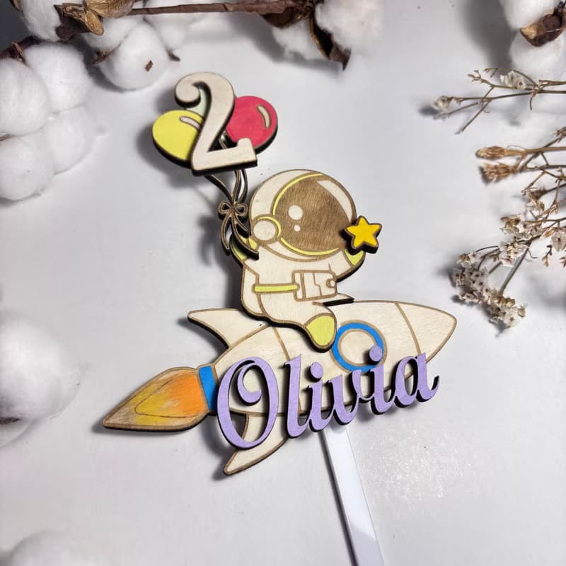 Astronaut Wood Custom Cake Topper - Hand Painted Birthday Keepsake - Custom Name