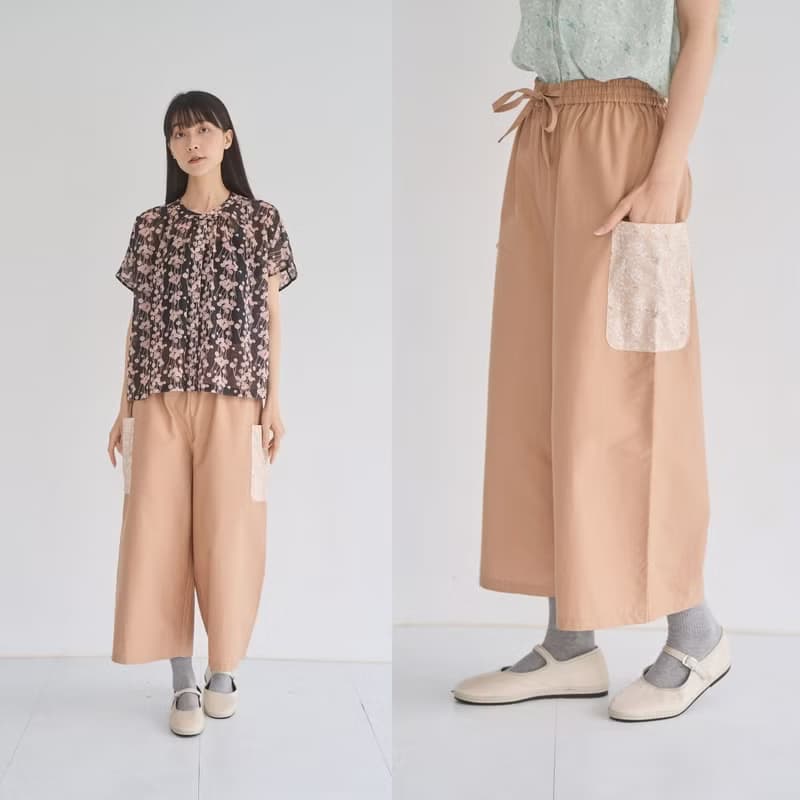 口袋寬褲/飛櫻/溫柔奶茶/花束