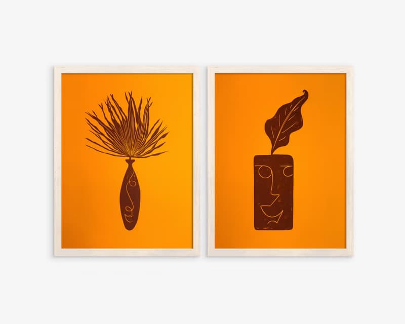 Gallery wall set of 2 wall art Linocut print His her face vase and funny plant