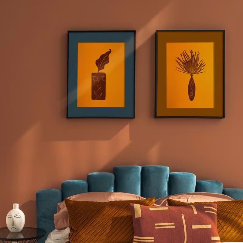 Gallery wall set of 2 wall art Linocut print His her face vase and funny plant