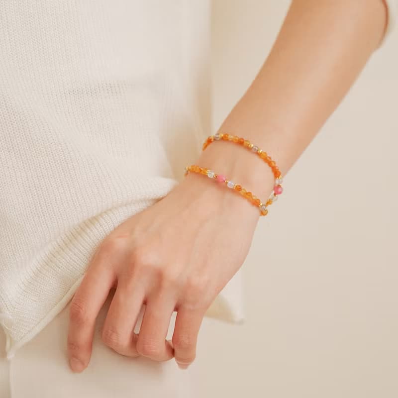 紅紋石-橘紅瑪瑙-月光石│黃銅 雙圈 扣環式 手鍊