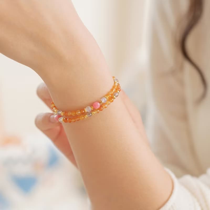 紅紋石-橘紅瑪瑙-月光石│黃銅 雙圈 扣環式 手鍊