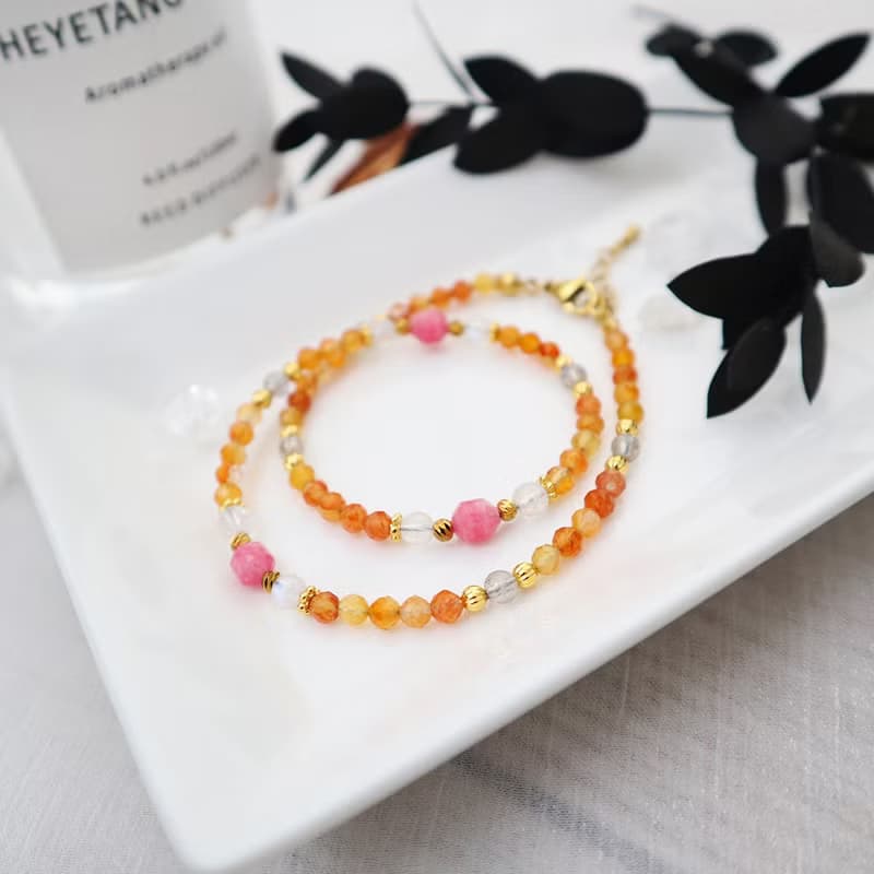 紅紋石-橘紅瑪瑙-月光石│黃銅 雙圈 扣環式 手鍊