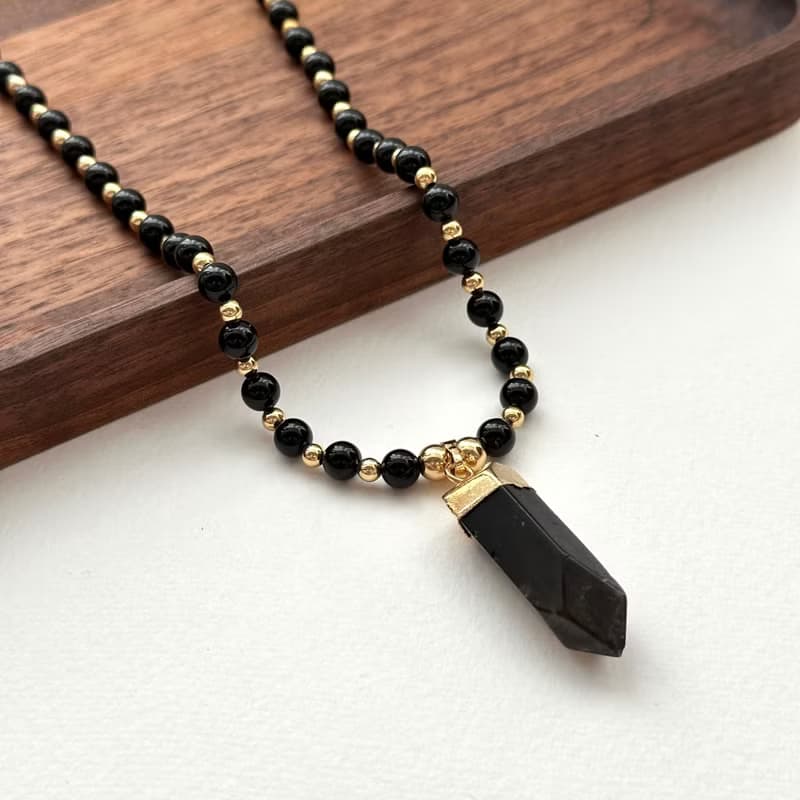 【獅子處女座|8月】黑瑪瑙茶晶六角柱鍍金項鏈 招財社交 安定思緒
