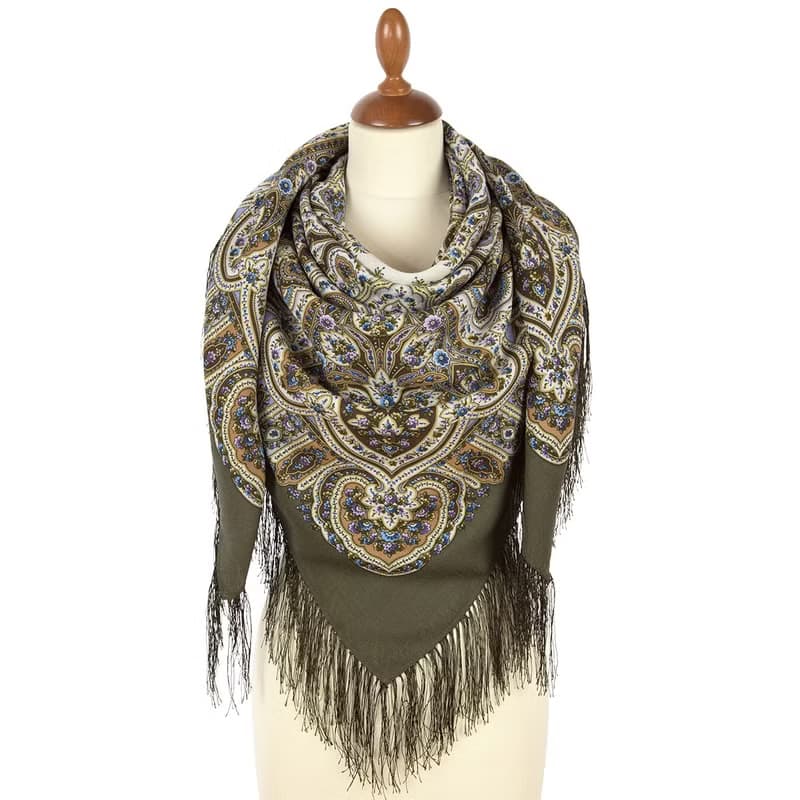 Pavlovo Posad Russian Shawl 100% Wool Scarf 125x125 cm Wrap Silk Fringe 1936-10