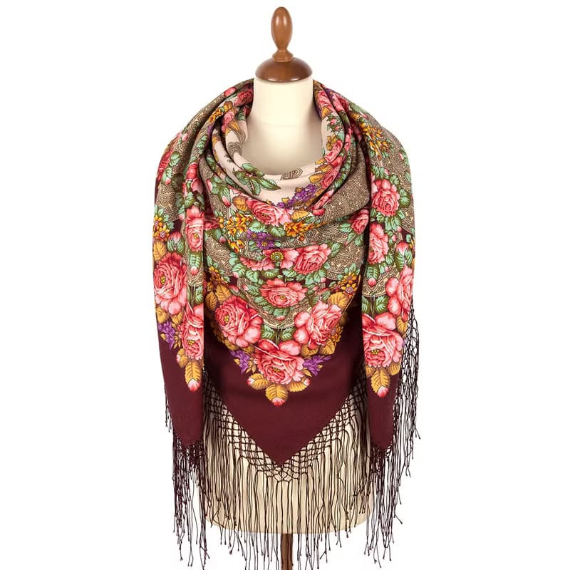 Pavlovo Posad Russian Shawl 100% Wool Scarf 148x148 cm Silk Fringe 1995-6