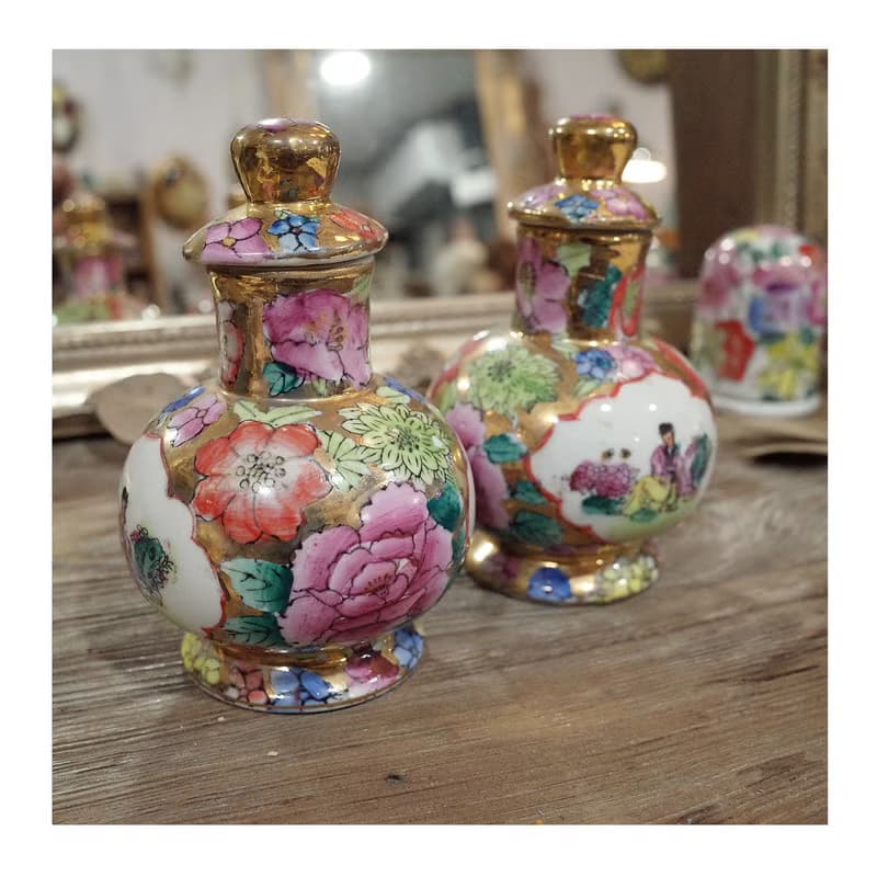 台灣老件.早期春合昇仕女百花描金瓷器.聞香瓷瓶.小收納罐.瓷罐