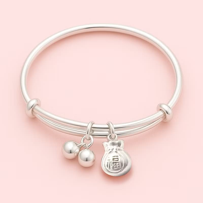 999純銀 | 福氣滿滿手鐲(含手鐲+一組鈴鐺吊墜+福袋吊墜)