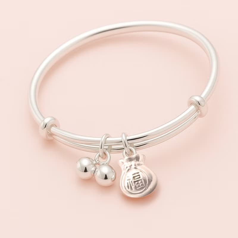 999純銀 | 福氣滿滿手鐲(含手鐲+一組鈴鐺吊墜+福袋吊墜)