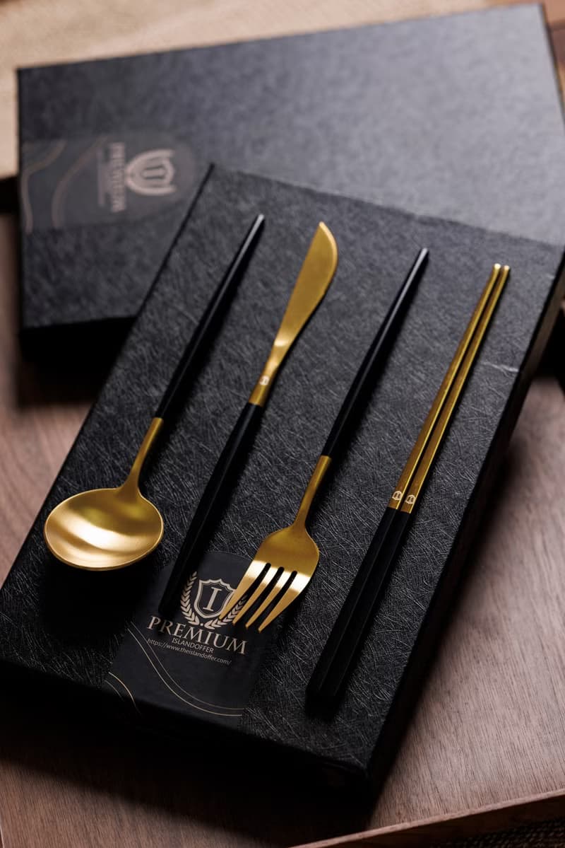 Islandoffer 島嶼製作 餐具禮盒套裝 含2套黑金4件 加相思木小碟