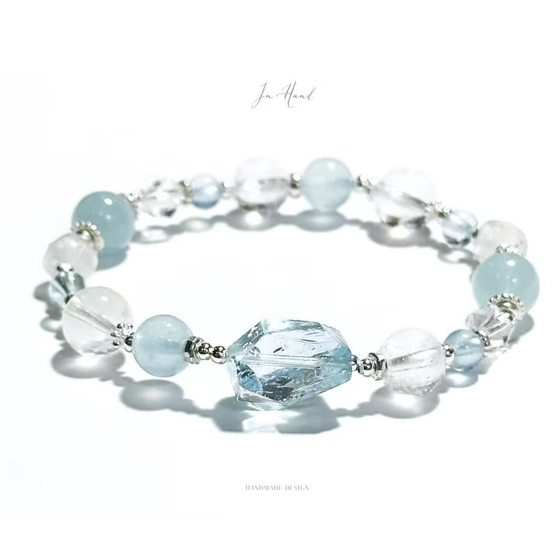 曙光冰原-原礦拓帕石.海水藍寶.白水晶-純銀設計款手鍊