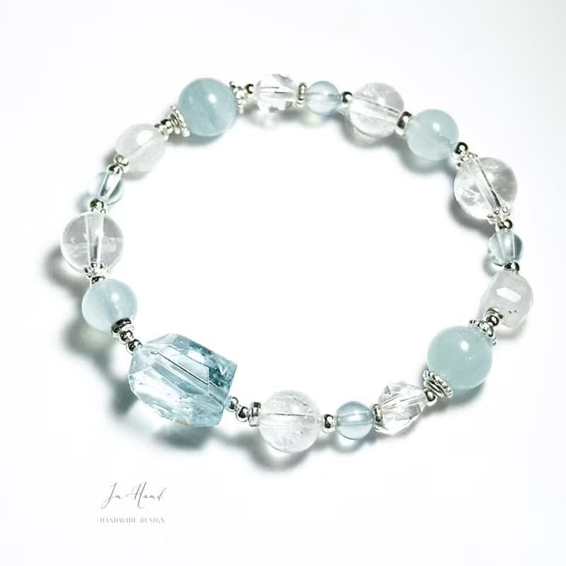 曙光冰原-原礦拓帕石.海水藍寶.白水晶-純銀設計款手鍊