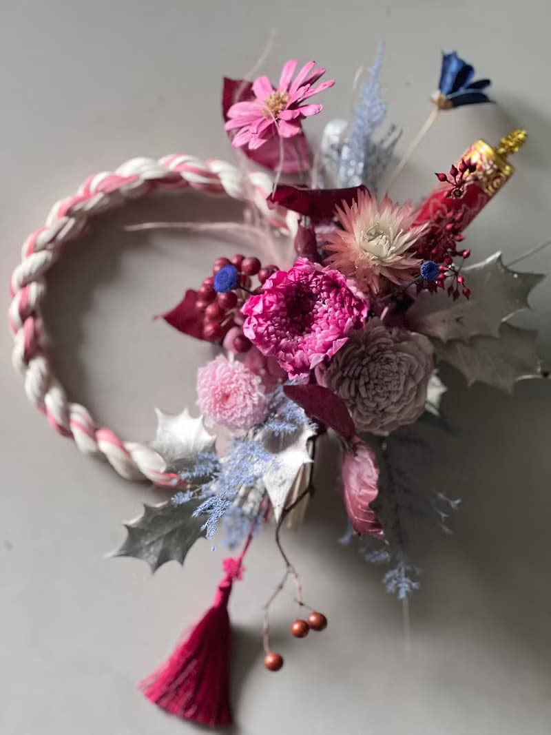 祈福注連繩/桃粉色/輪菊/永生花藝/新年掛飾/過年花/新年花禮