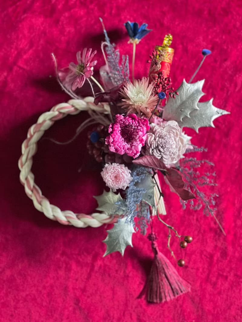 祈福注連繩/桃粉色/輪菊/永生花藝/新年掛飾/過年花/新年花禮