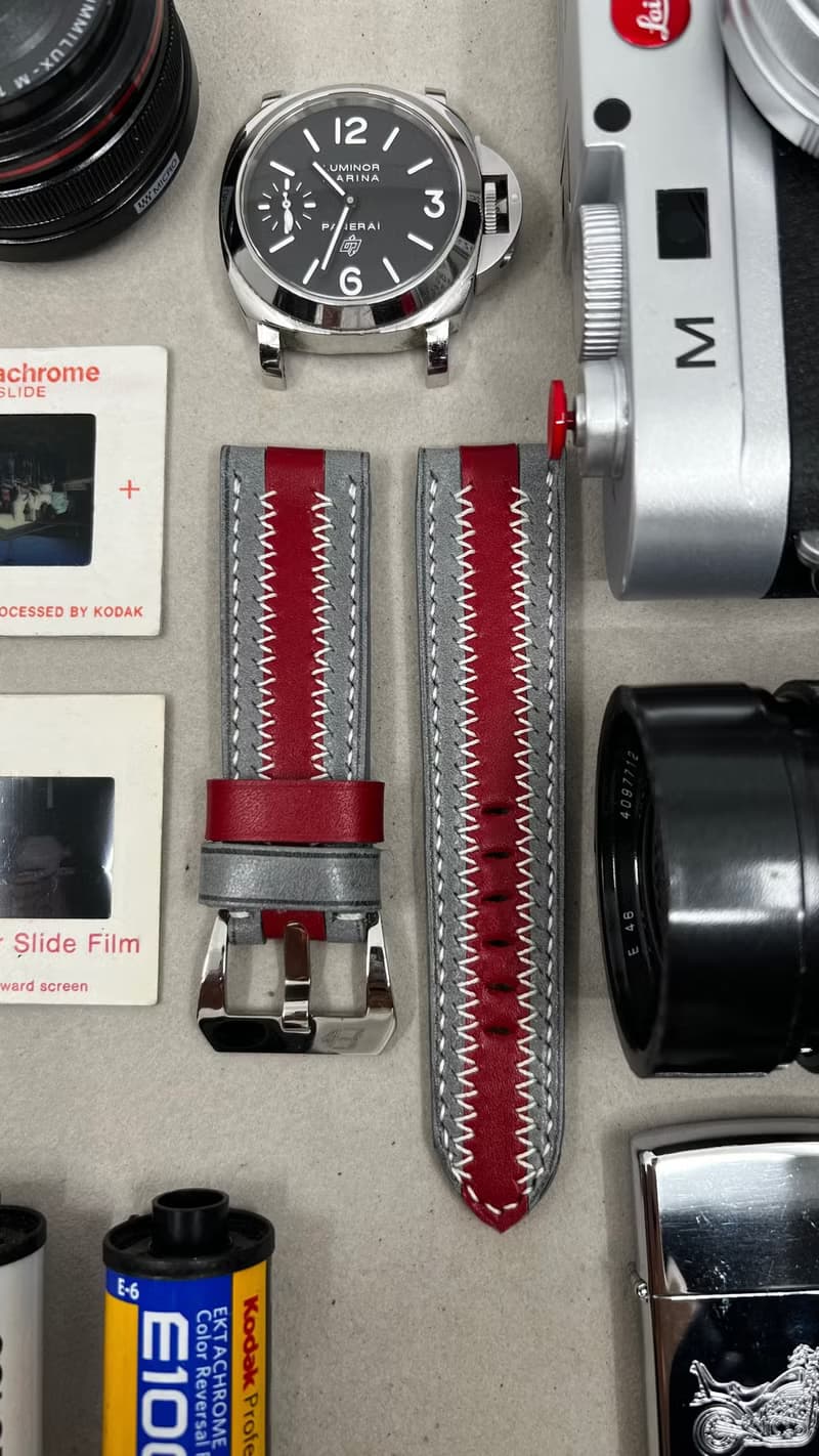 父親節禮物, 灰紅色條子錶帶, 24mm 手工錶帶, Panerai 26mm 錶帶