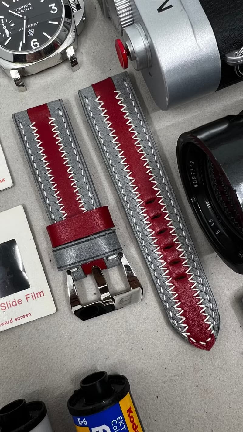 父親節禮物, 灰紅色條子錶帶, 24mm 手工錶帶, Panerai 26mm 錶帶