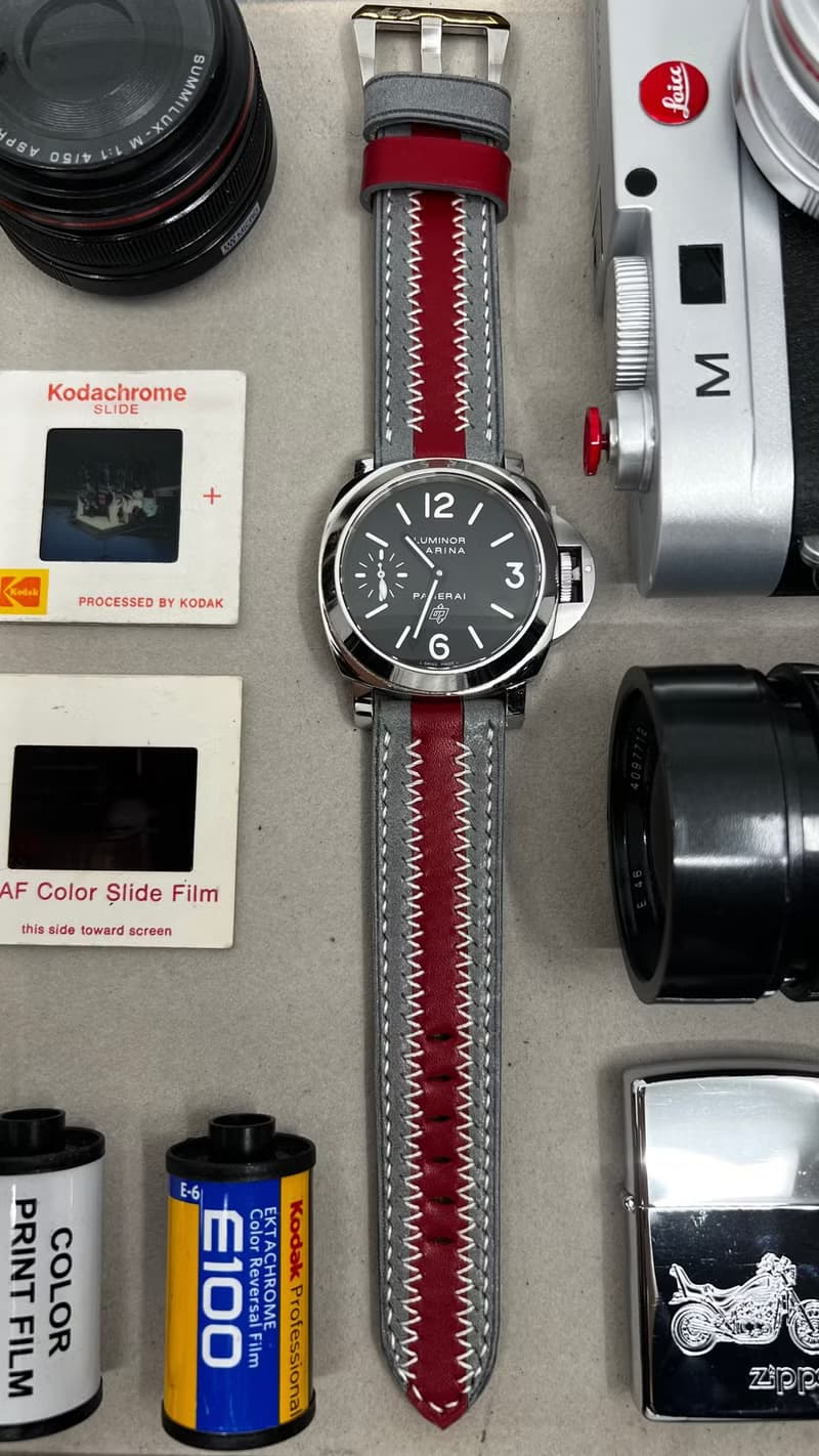 父親節禮物, 灰紅色條子錶帶, 24mm 手工錶帶, Panerai 26mm 錶帶