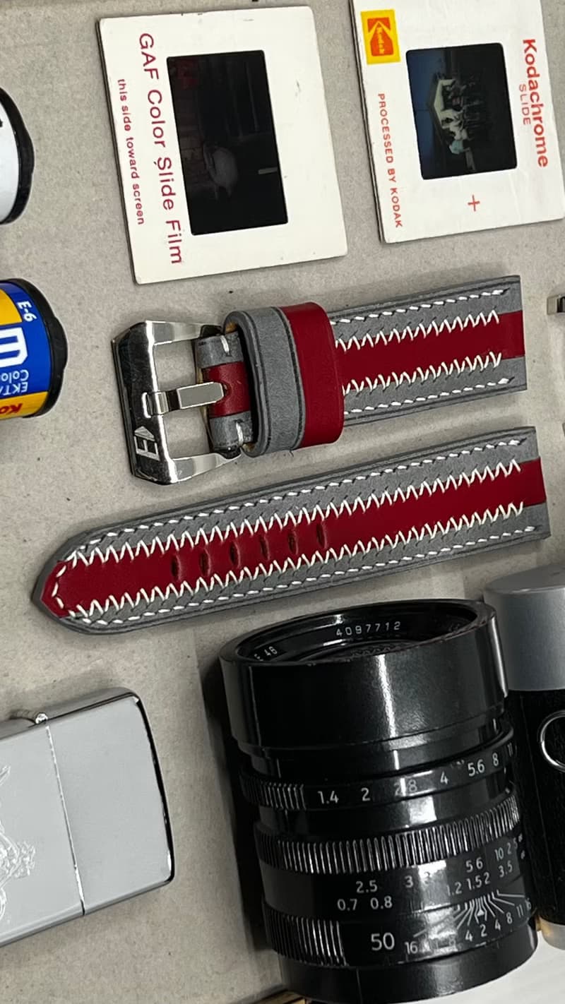 父親節禮物, 灰紅色條子錶帶, 24mm 手工錶帶, Panerai 26mm 錶帶