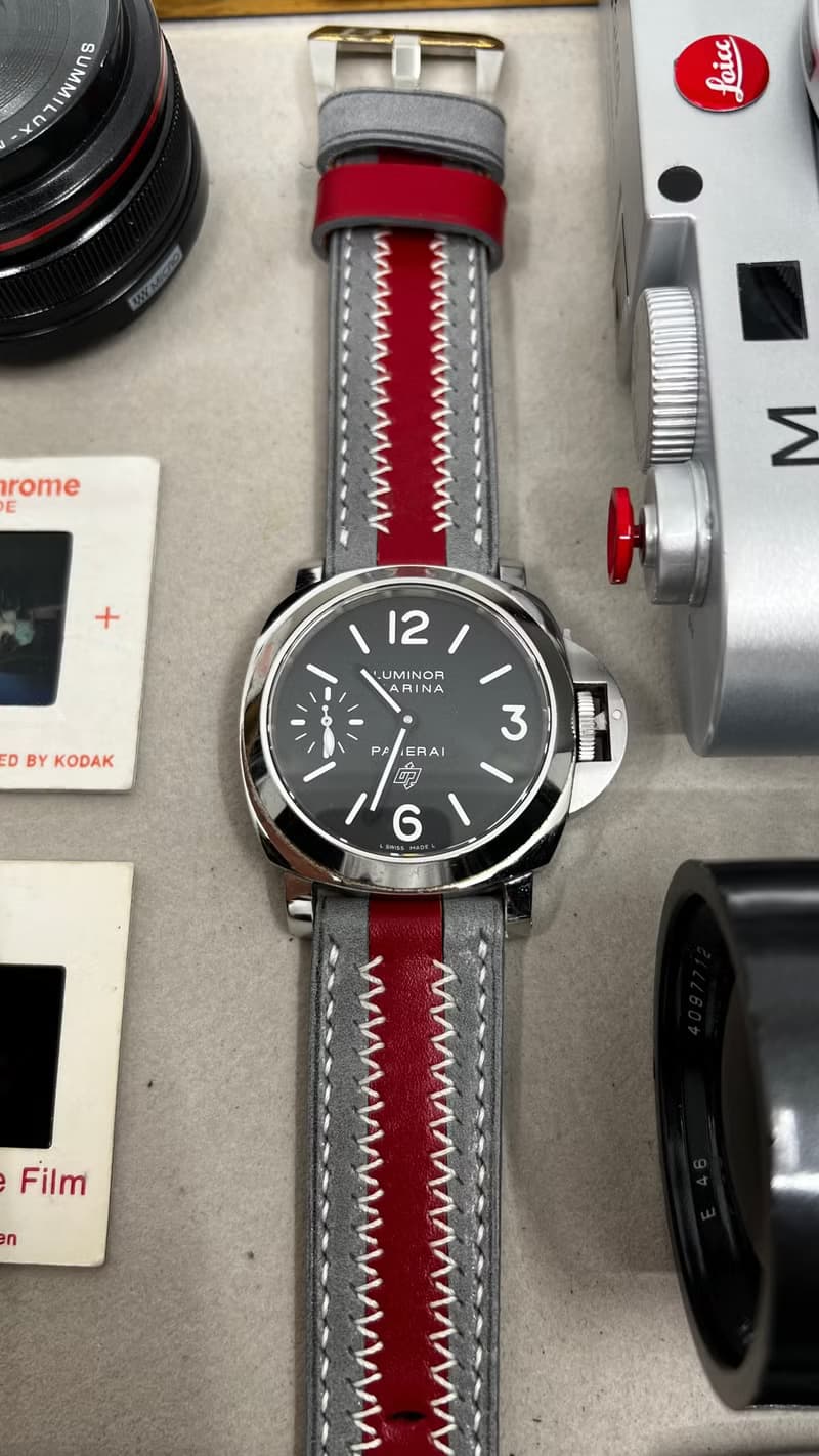 父親節禮物, 灰紅色條子錶帶, 24mm 手工錶帶, Panerai 26mm 錶帶