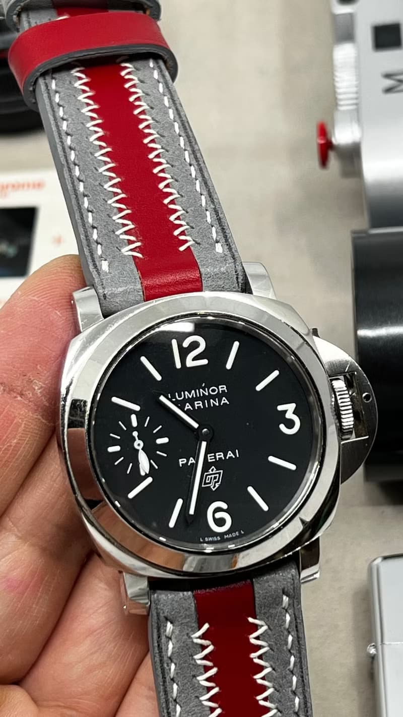 父親節禮物, 灰紅色條子錶帶, 24mm 手工錶帶, Panerai 26mm 錶帶