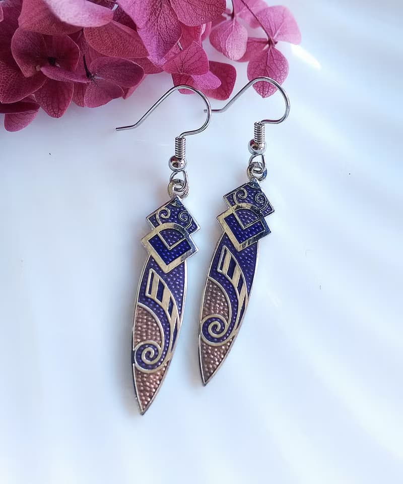 Vintage Jewelry 西洋古董飾品 景泰藍 圖騰紫底 耳勾 針式耳環