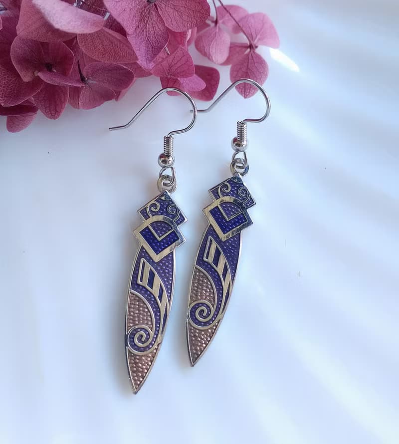 Vintage Jewelry 西洋古董飾品 景泰藍 圖騰紫底 耳勾 針式耳環
