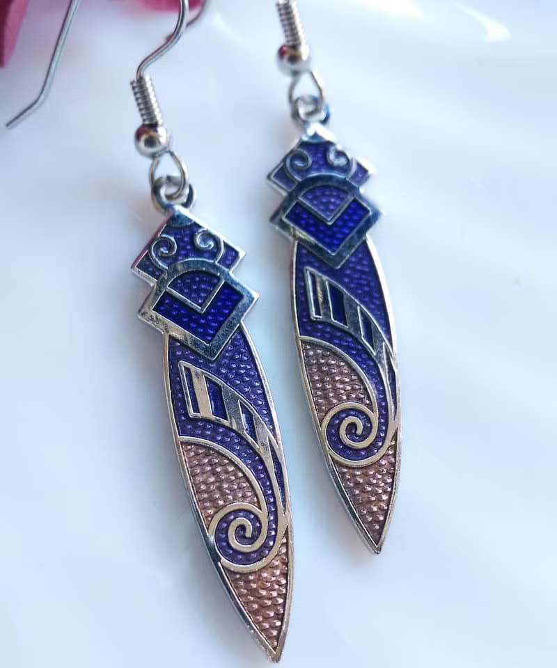 Vintage Jewelry 西洋古董飾品 景泰藍 圖騰紫底 耳勾 針式耳環