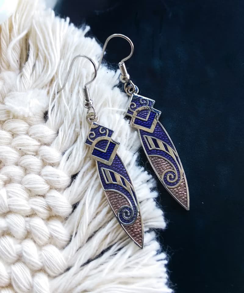 Vintage Jewelry 西洋古董飾品 景泰藍 圖騰紫底 耳勾 針式耳環