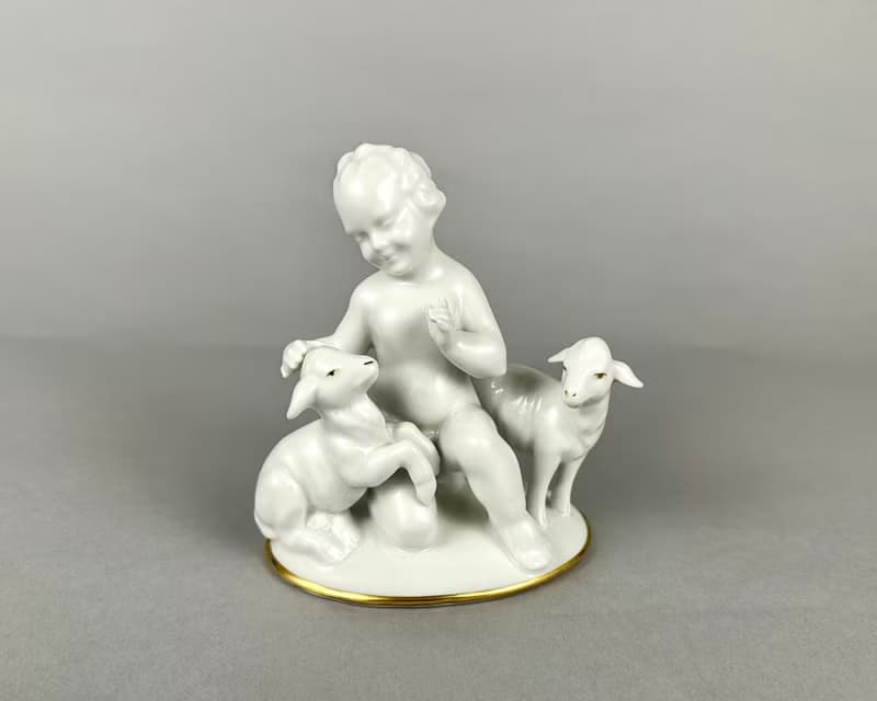 獨特的複古瓷雕像小天使與小羊 Gerold & Co. Tettau 巴伐利亞