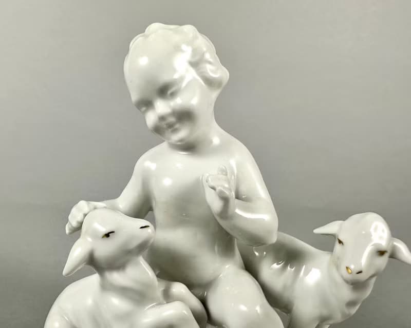 獨特的複古瓷雕像小天使與小羊 Gerold & Co. Tettau 巴伐利亞