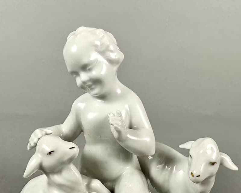 獨特的複古瓷雕像小天使與小羊 Gerold & Co. Tettau 巴伐利亞
