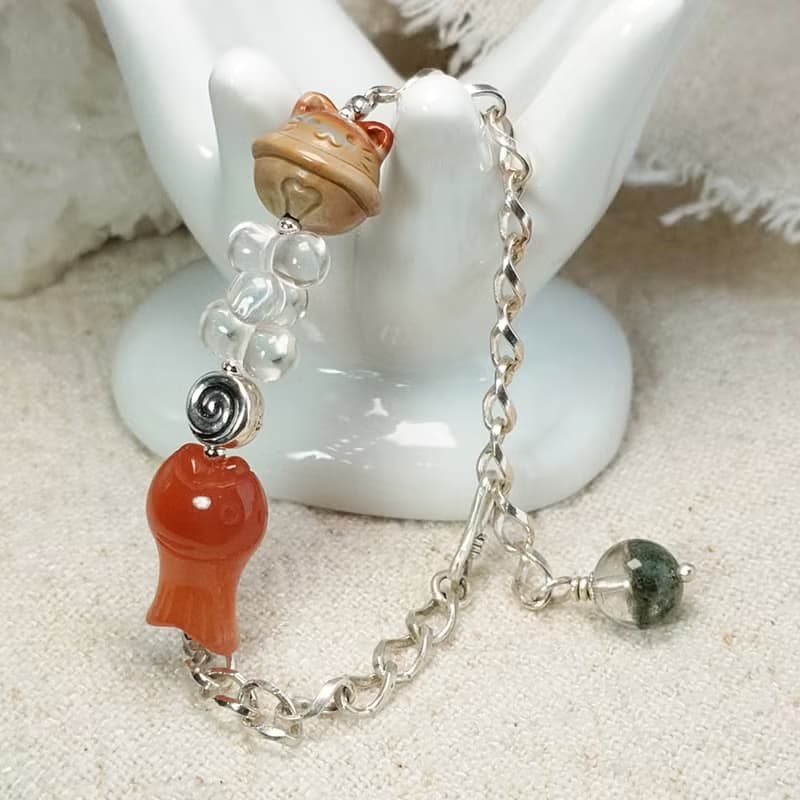 手鍊 阿拉善瑪瑙 貓鈴鐺 緋紅瑪瑙 魚 白水晶 綠幽靈水晶 925銀飾