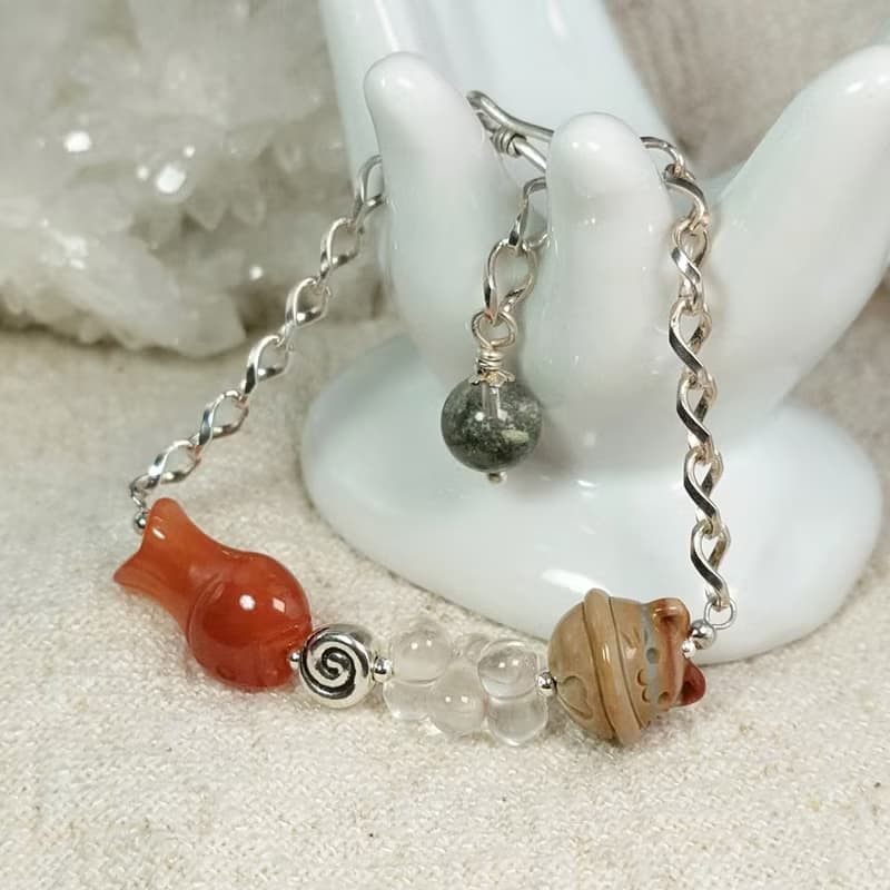 手鍊 阿拉善瑪瑙 貓鈴鐺 緋紅瑪瑙 魚 白水晶 綠幽靈水晶 925銀飾