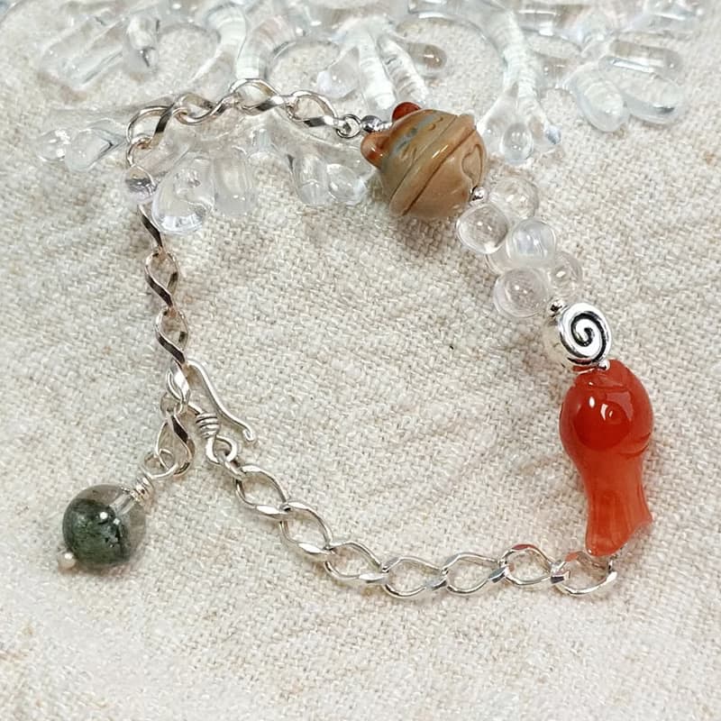 手鍊 阿拉善瑪瑙 貓鈴鐺 緋紅瑪瑙 魚 白水晶 綠幽靈水晶 925銀飾