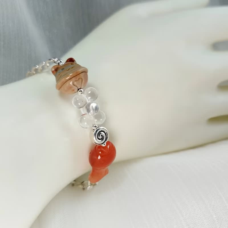 手鍊 阿拉善瑪瑙 貓鈴鐺 緋紅瑪瑙 魚 白水晶 綠幽靈水晶 925銀飾