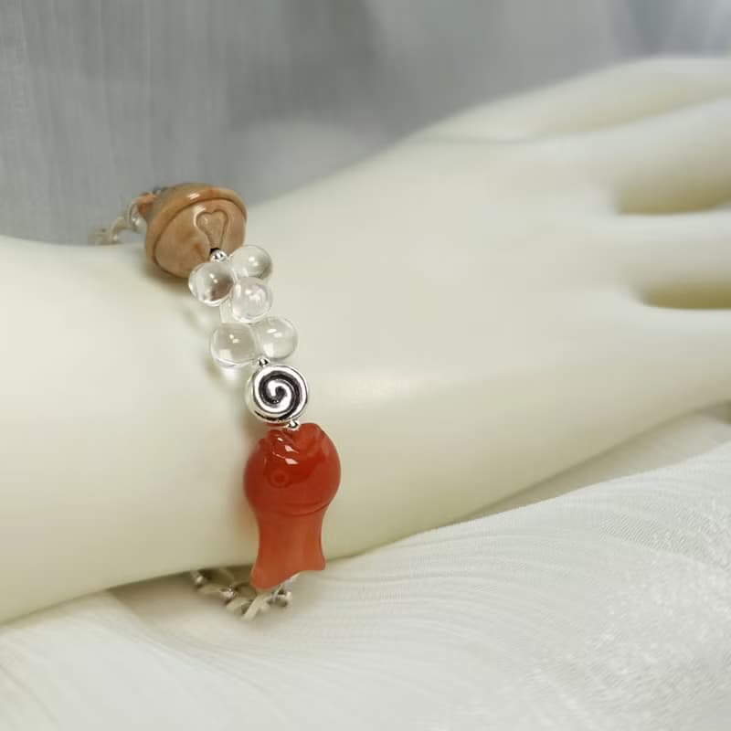 手鍊 阿拉善瑪瑙 貓鈴鐺 緋紅瑪瑙 魚 白水晶 綠幽靈水晶 925銀飾