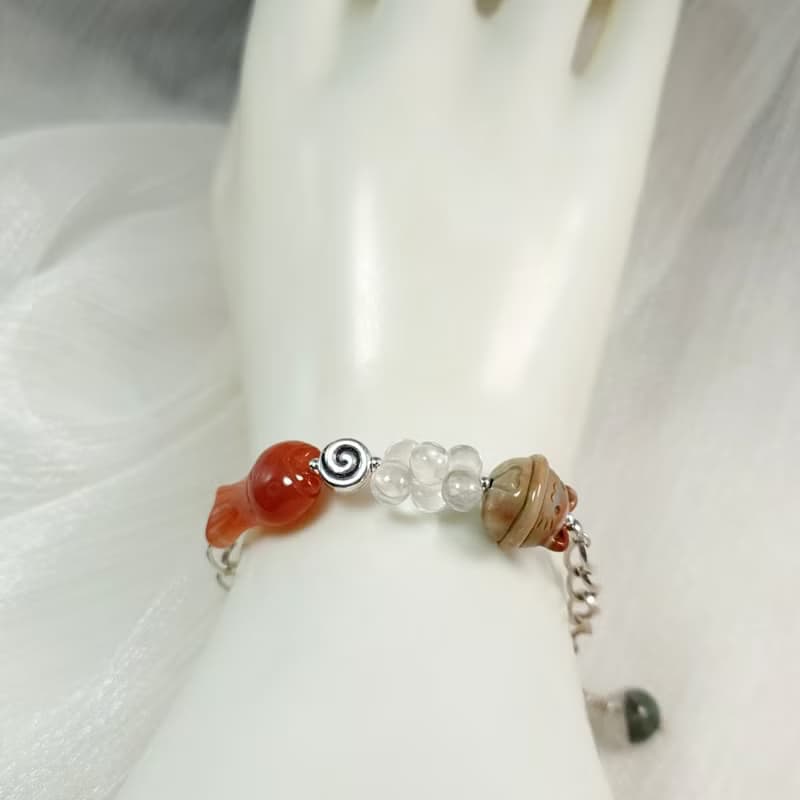 手鍊 阿拉善瑪瑙 貓鈴鐺 緋紅瑪瑙 魚 白水晶 綠幽靈水晶 925銀飾