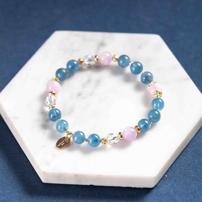 魔鬼藍海藍寶紫鋰輝石白水晶14K鍍金手鍊 | 天然水晶手鍊禮物